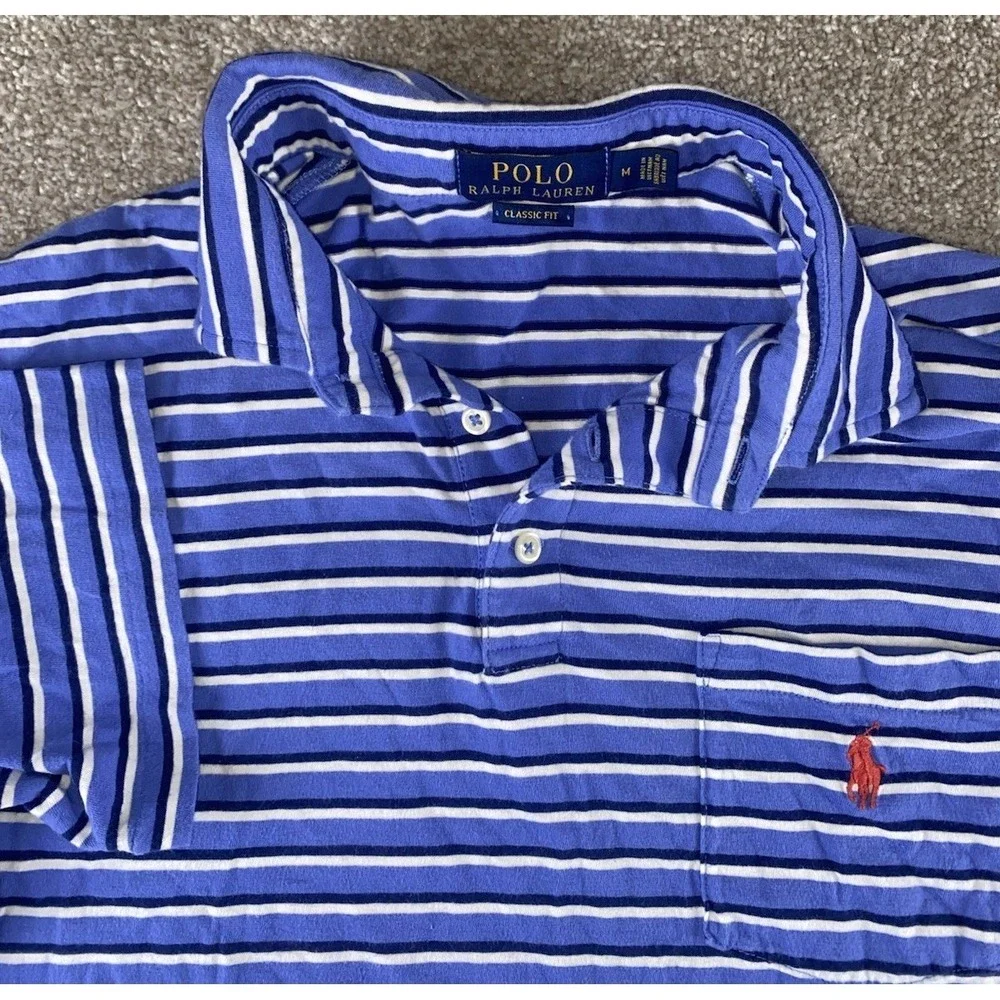 Polo Ralph Lauren Blue Striped Pocket Polo Shirt Mens M Light‎ Red Pony Cotton